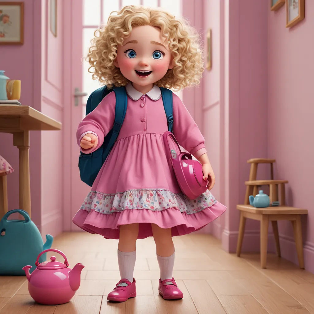 a little girl in a pink dress holding a pink teapot and a pink purse in a pink room, photorealism, a character portrait, Eleanor Hughes, pixar and disney animation