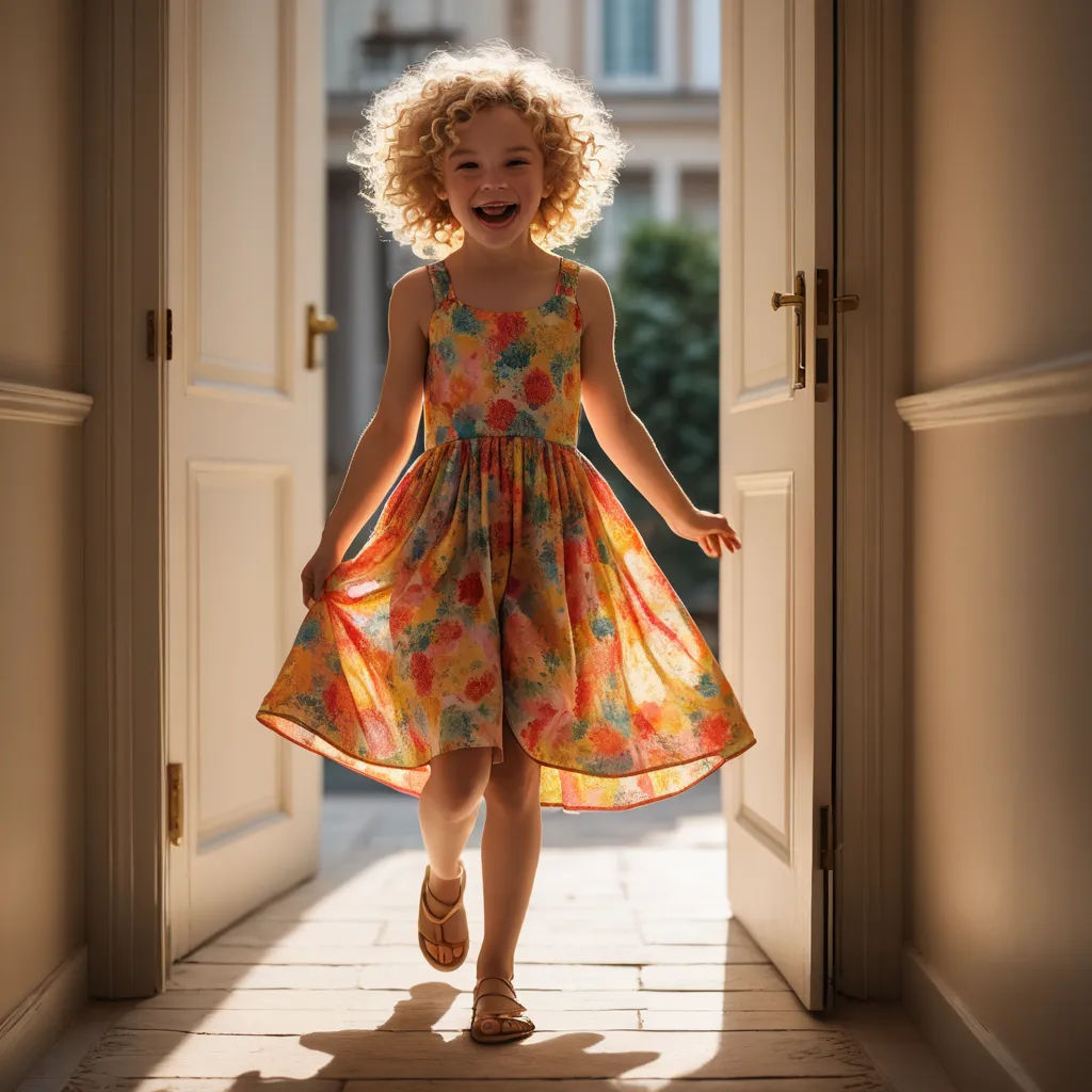 a little girl is walking through an open door with her dress on and shoes on her feet and a dress on, art photography, a storybook illustration, Caroline Lucy Scott, canon eos r 3