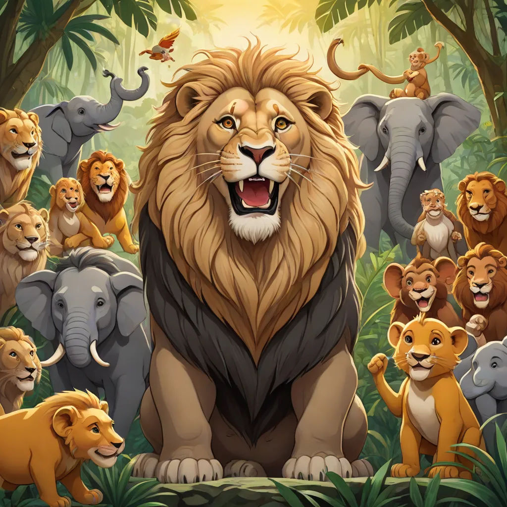 a lion surrounded by many other lions in the jungle with a butterfly flying above it and a jungle background, official art, furry art, a poster, Chris LaBrooy