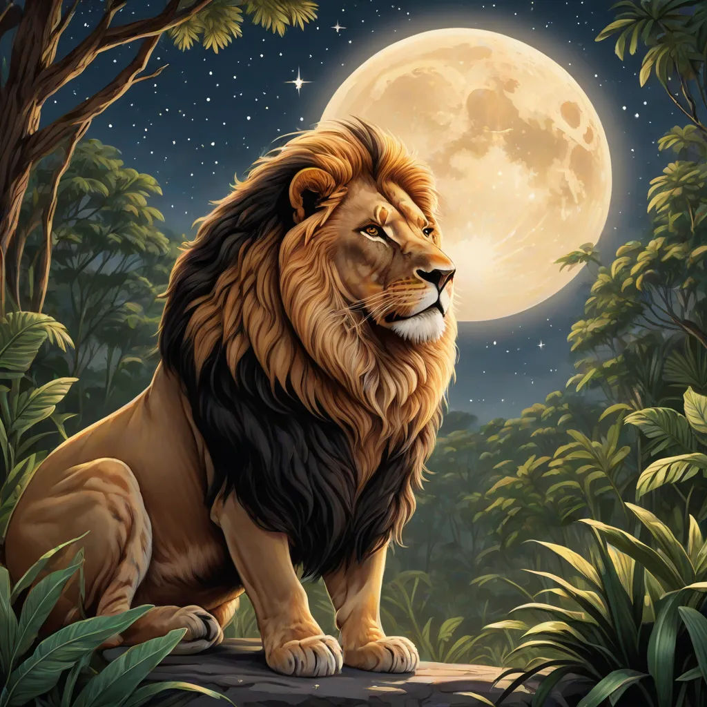 a lion sitting on a rock in the forest with a full moon in the background and trees and bushes, highly detailed digital painting, fantasy art, an airbrush painting, Chris LaBrooy