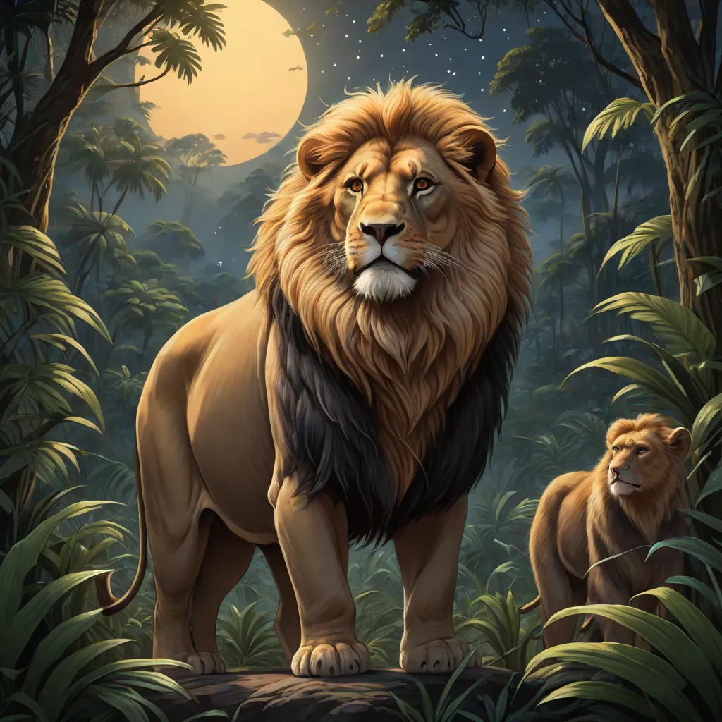 a lion and a lion cub in a jungle scene with a full moon in the background and trees and bushes, highly detailed digital painting, fantasy art, an airbrush painting, Chris LaBrooy