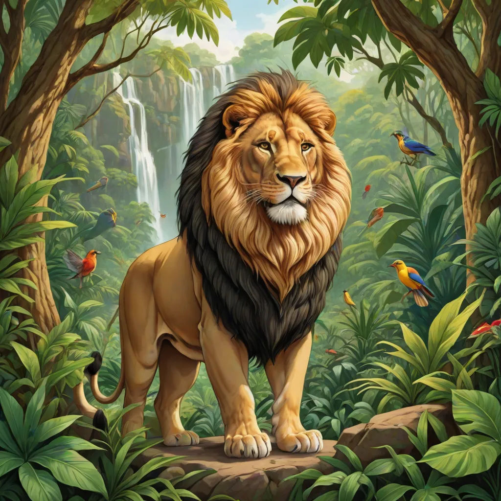 a lion standing in the middle of a jungle with birds and trees around it and a waterfall in the background, highly detailed digital painting, naturalism, an airbrush painting, Chris LaBrooy
