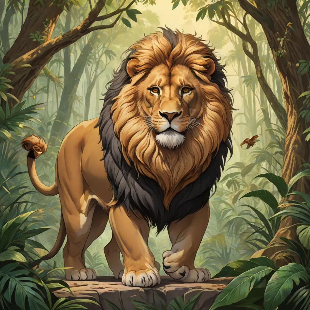 a lion standing in the middle of a jungle with trees and leaves around it's edges and a butterfly flying above it, official art, fantasy art, a digital painting, Chris LaBrooy