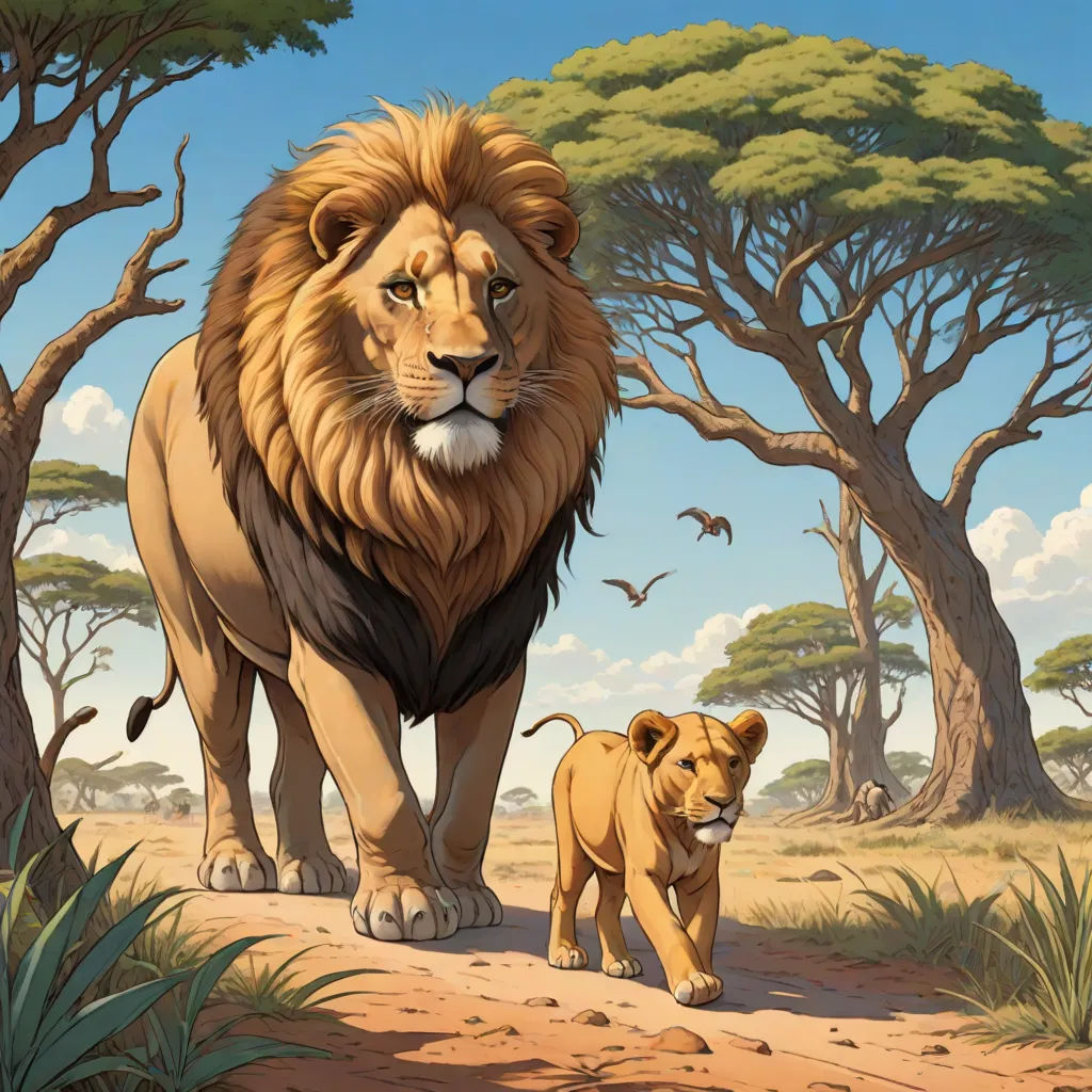 a lion and a cub walking through a forest of trees and bushes, with a bird flying overhead in the background, official art, fantasy art, an oil painting, Brothers Hildebrandt