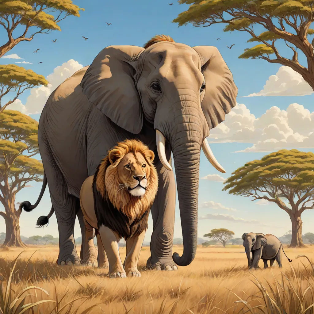 a painting of a lion and a lioness in a field with trees in the background and a sky with clouds, highly detailed digital painting, fantastic realism, an oil painting, Chris LaBrooy