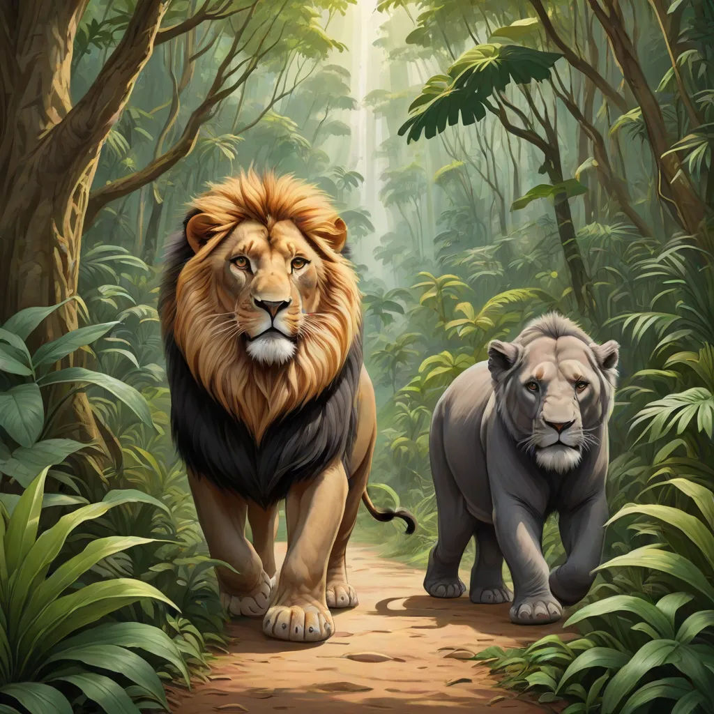 a lion and a lioness walking through a jungle with trees and bushes on either side of the path, official art, furry art, an airbrush painting, Chris LaBrooy