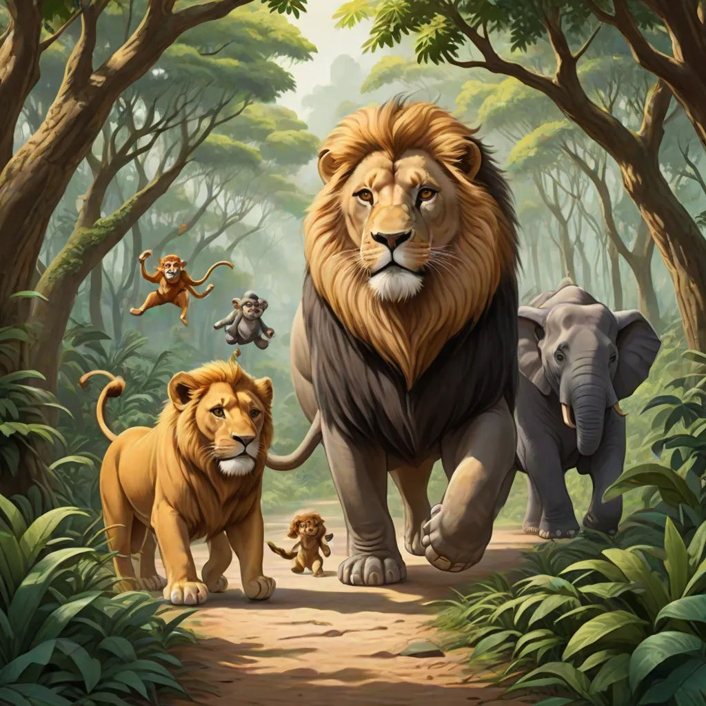 a painting of a lion and two lions walking through a jungle with other animals in the background and a monkey on the right, promotional image, fantastic realism, an oil painting, Chris LaBrooy