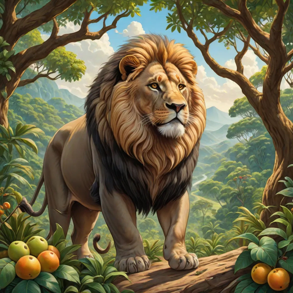 a lion standing in the middle of a forest with oranges and trees around it, with a mountain in the background, highly detailed digital painting, fantasy art, an airbrush painting, Chris LaBrooy