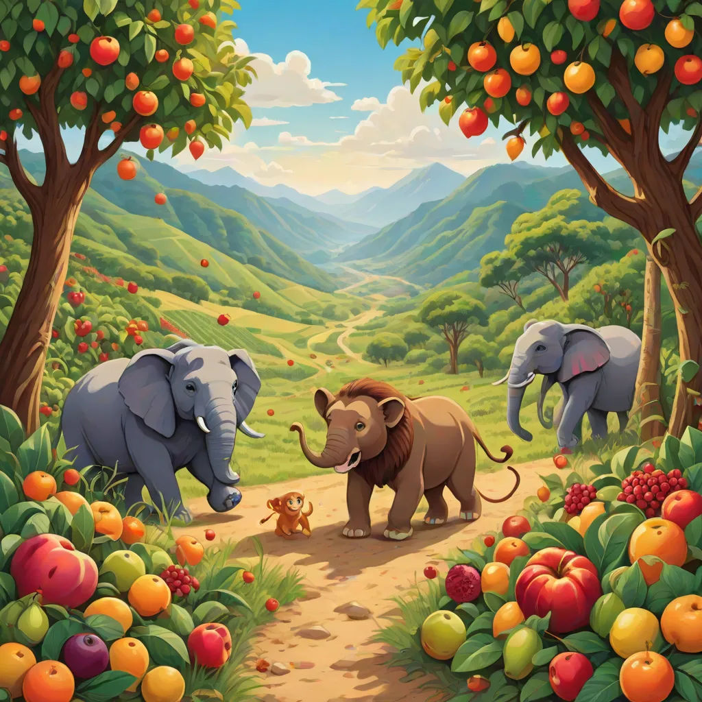 a painting of a group of elephants walking through a forest with apples and oranges on the ground and a mountain in the background, official art, magical realism, a storybook illustration, Chris LaBrooy