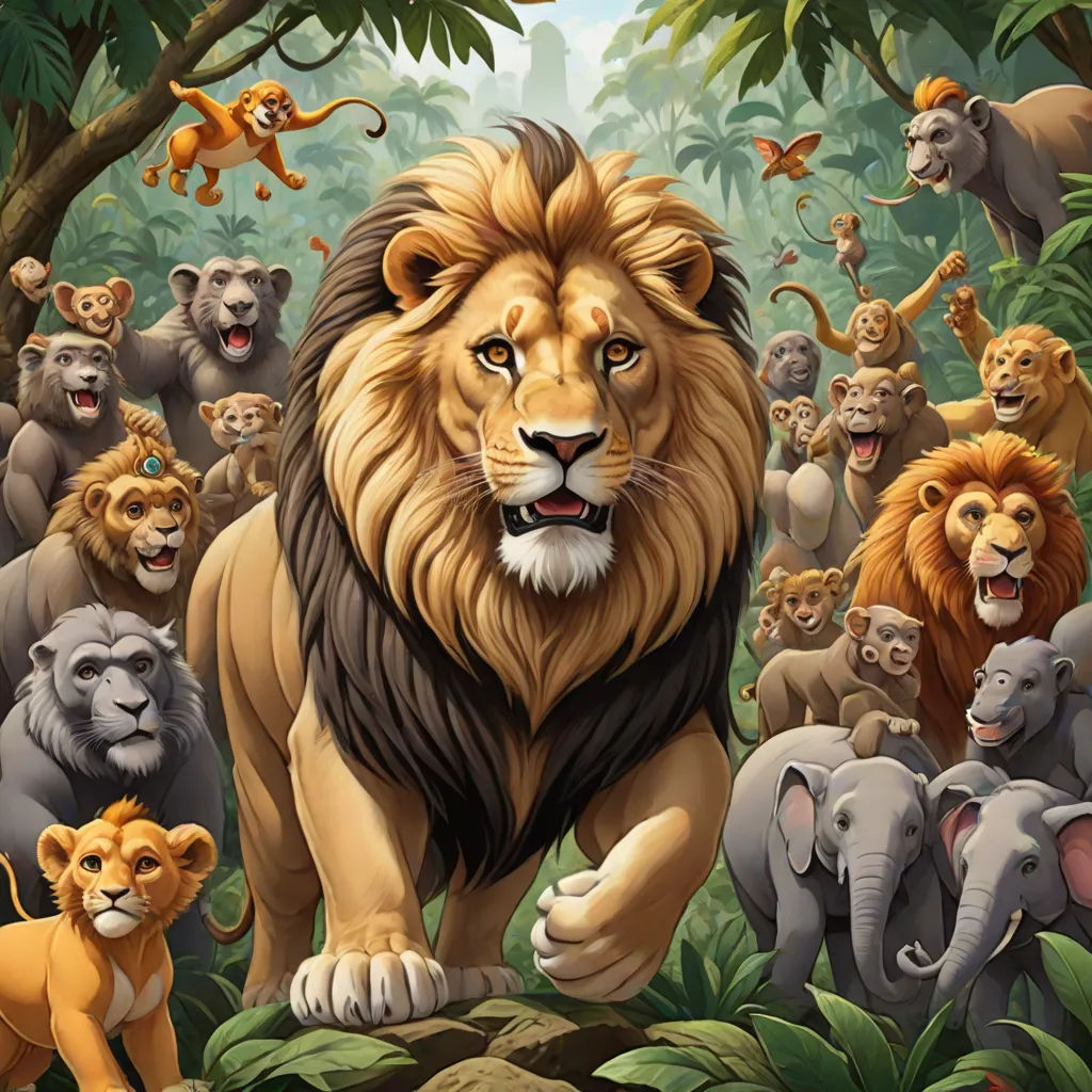 a painting of a lion surrounded by other animals in a jungle setting with trees and bushes in the background, official art, furry art, a poster, Chris LaBrooy