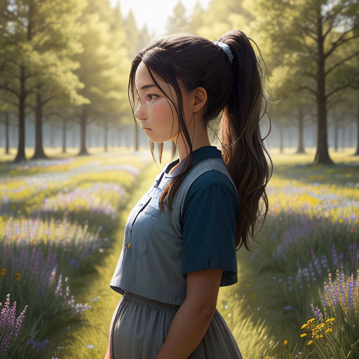 a woman standing in a field of flowers with a ponytail in her hair and a ponytail in her hair