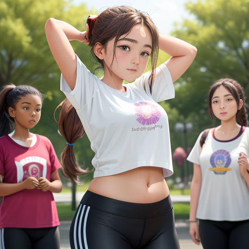 a group of young women standing next to each other in a park with trees in the background and a woman in a white shirt