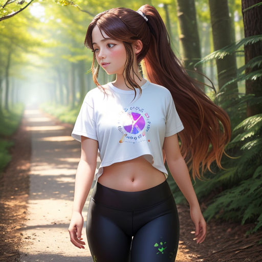 a woman with long hair walking down a dirt road in a forest wearing a white shirt and black leggings