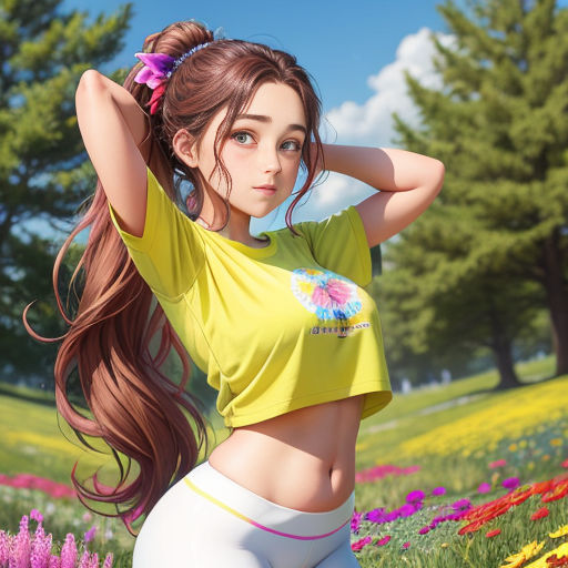 a girl in a yellow shirt and white pants in a field of flowers and trees with her hair in a ponytail