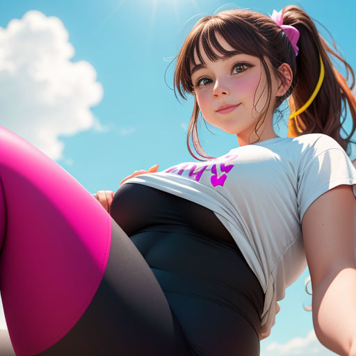 a girl in a white shirt and black pants with a pink object in her hand and a blue sky with clouds
