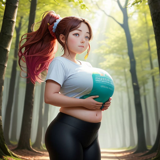 a woman with long hair holding a book in a forest with trees and sunlight streaming through the trees behind her