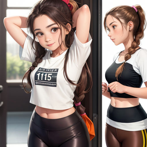 a girl in a white shirt and black shorts is posing for a picture with her hair in a ponytail