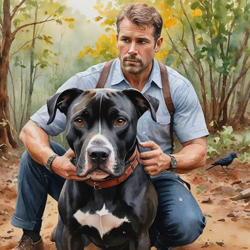 a man kneeling down with a dog in his lap and a bird on his shoulder, in front of him, a photorealistic painting, Aaron Jasinski, american realism, extremely detailed oil painting