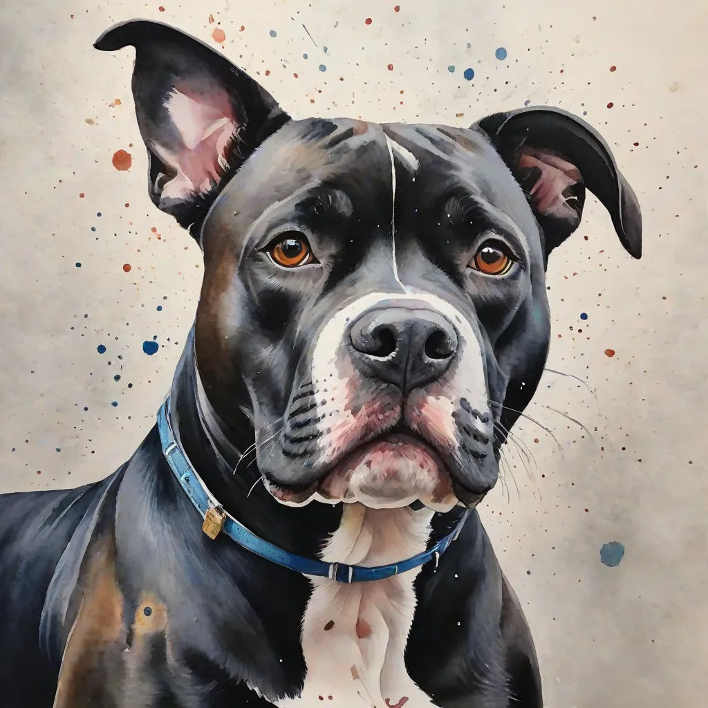 a painting of a dog with a collar on and a white background with spots of paint on it's face, a photorealistic painting, Anthony Palumbo, photorealism, detailed painting