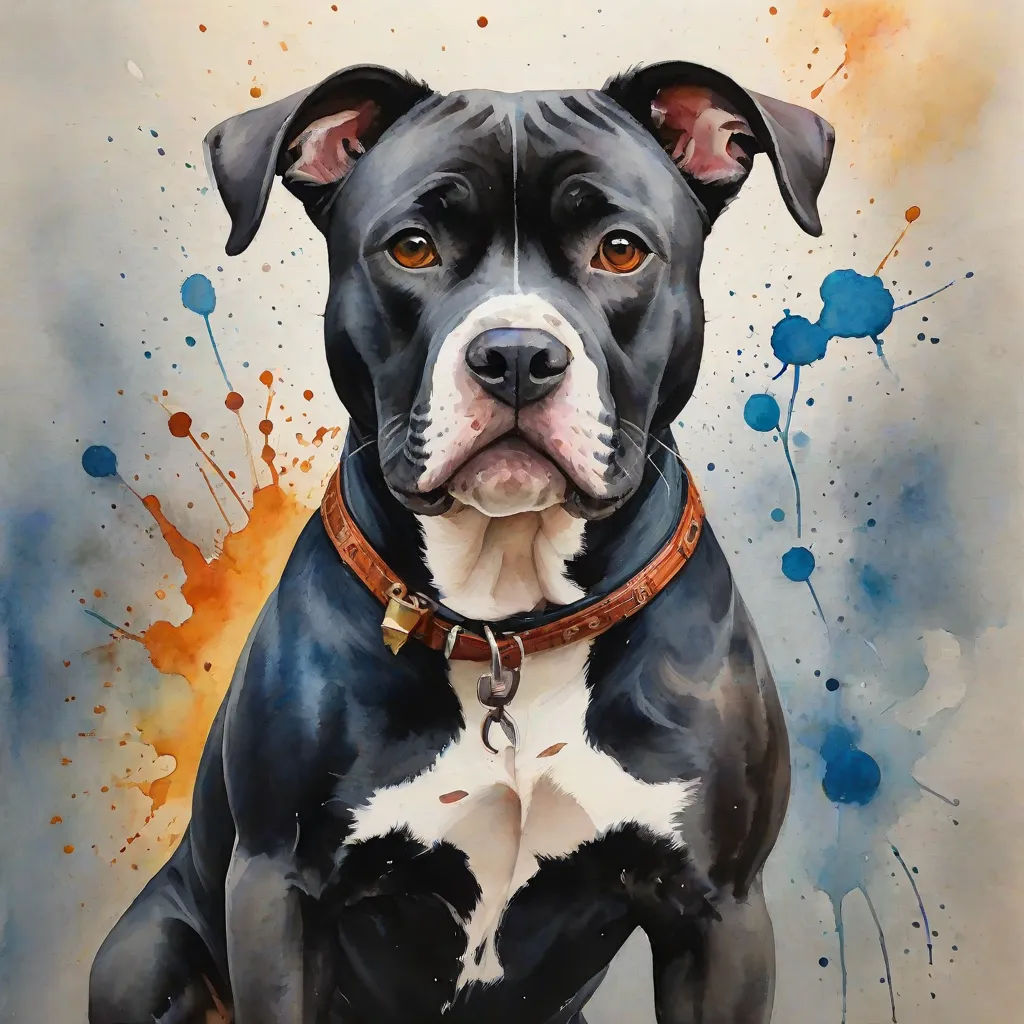 a painting of a black and white dog with a brown collar and a brown collar on it's neck, a photorealistic painting, Elke Vogelsang, photorealism, detailed painting