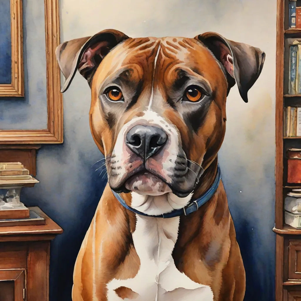 a painting of a dog with a blue collar and a white spot on his face and chest, sitting in front of a bookshelf, a photorealistic painting, Allan Brooks, photorealism, highly detailed digital painting
