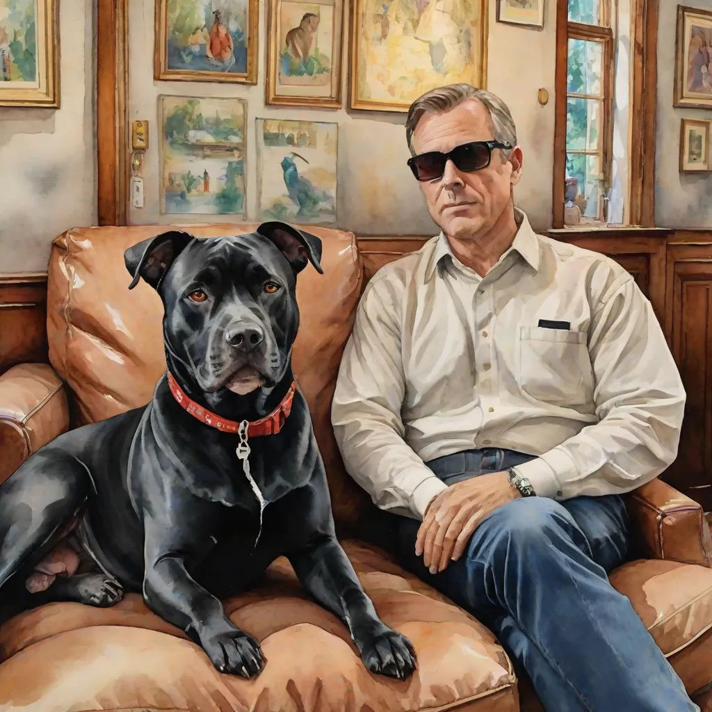 a man sitting on a couch next to a black dog with sunglasses on his head and a man in a white shirt and jeans, a photorealistic painting, F. Scott Hess, hyperrealism, highly detailed oil painting