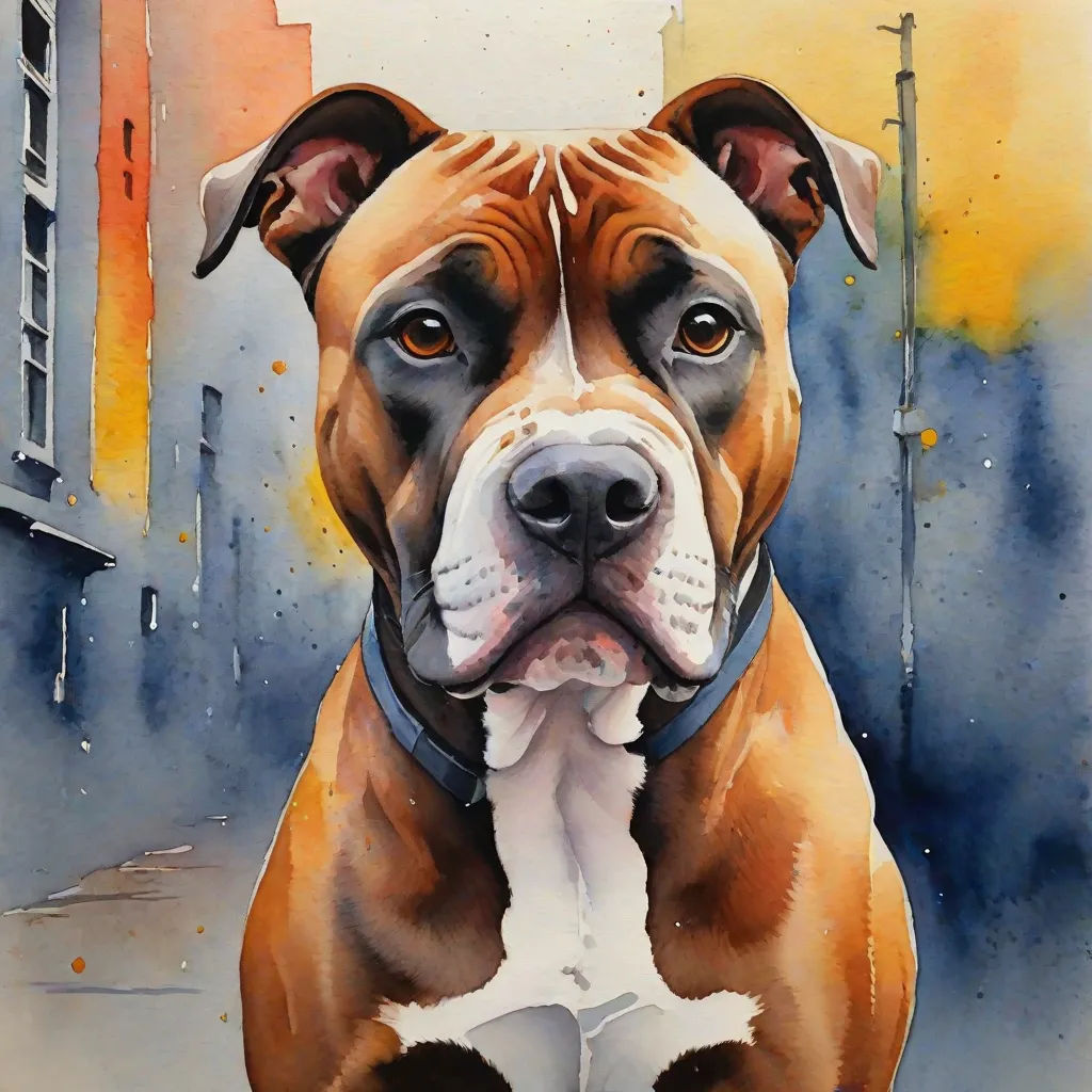 a painting of a dog with a collar on sitting in front of a building with a yellow sky background, a watercolor painting, Elke Vogelsang, figurative art, detailed painting