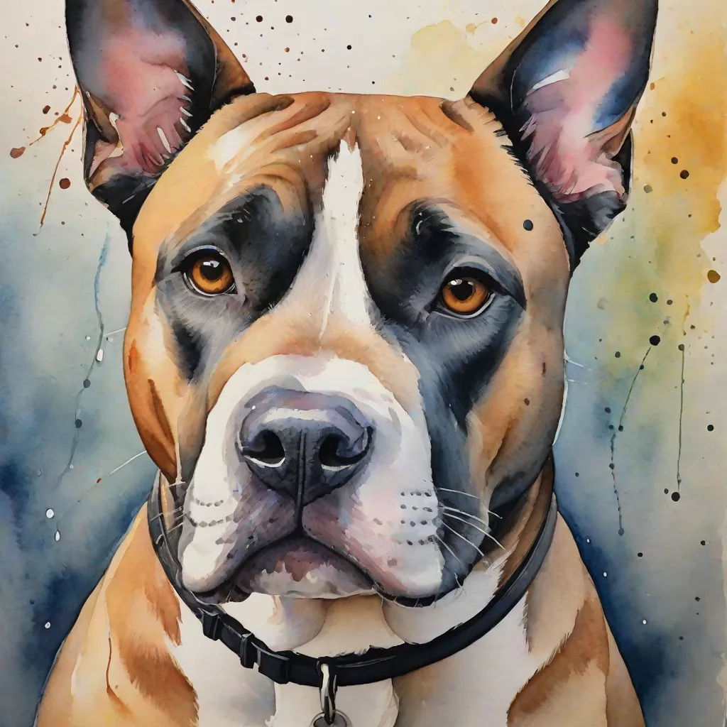 a painting of a dog with a collar on it's neck and a watercolor background of a brown and white dog, a watercolor painting, Elke Vogelsang, photorealism, detailed painting