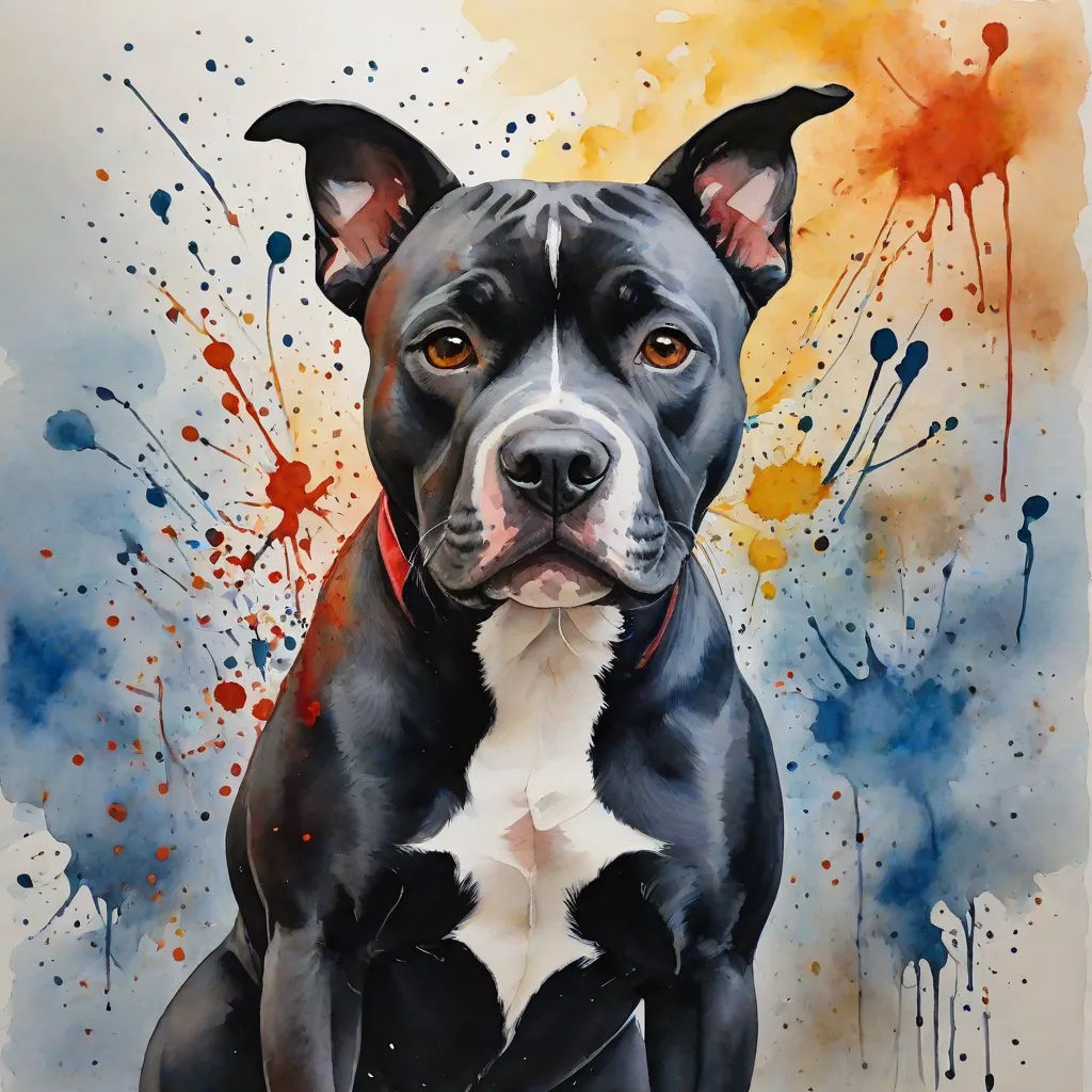 a painting of a dog with a red collar and white chest and black nose and chest, with a splash of paint on the background, a photorealistic painting, artist, modern european ink painting, realistic painting