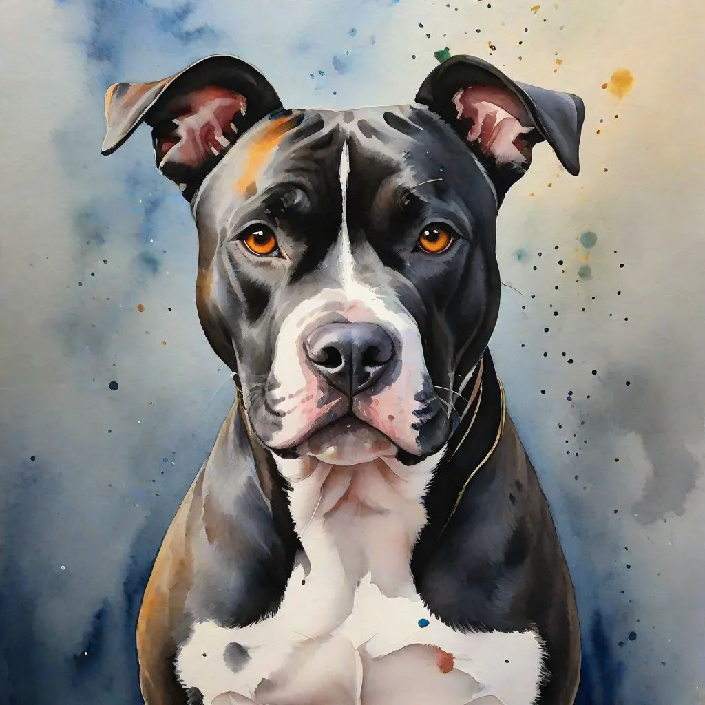 a painting of a dog with a blue background and a white spot on the bottom of the picture is a black and brown pitbull, a watercolor painting, Elke Vogelsang, photorealism, realistic painting