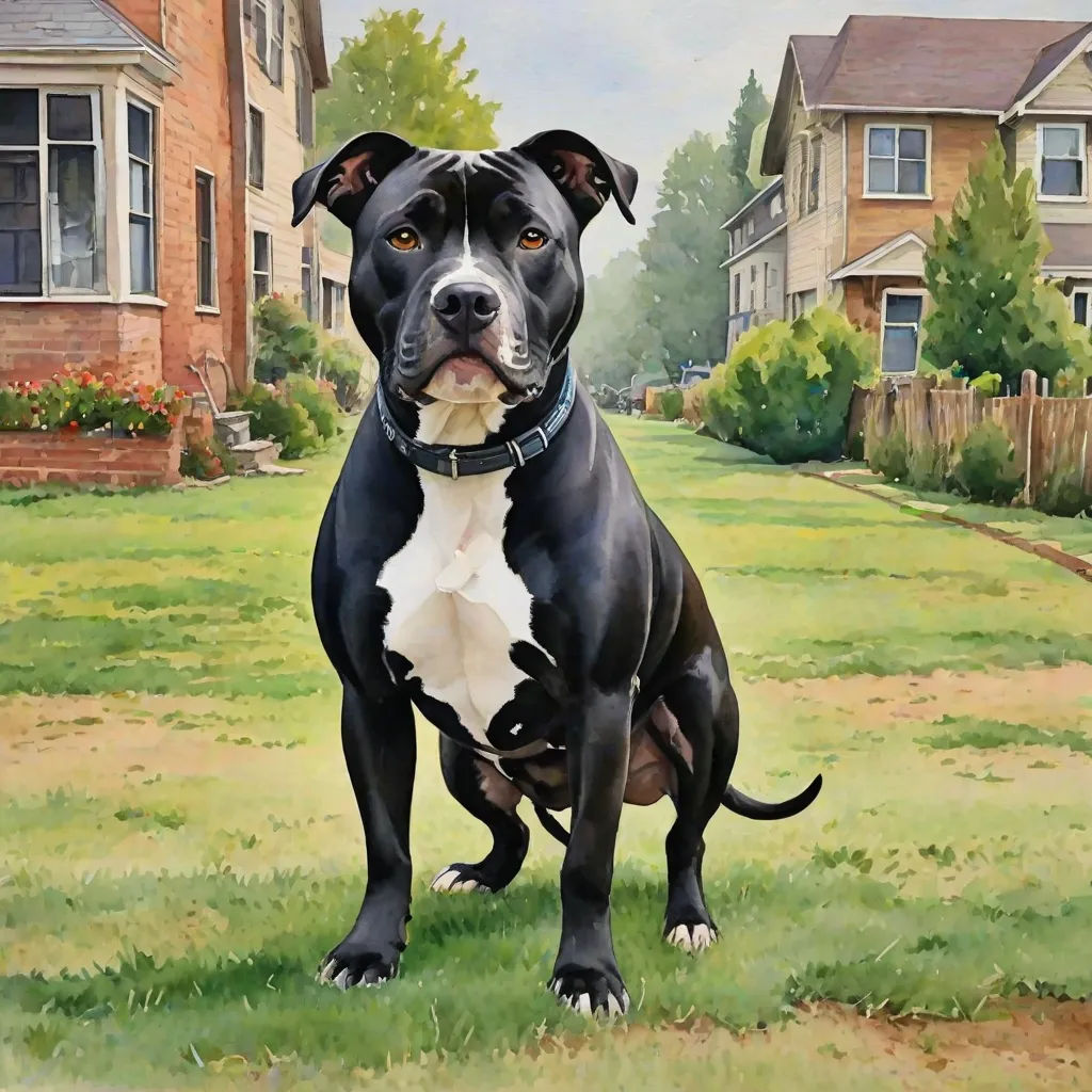 a painting of a dog standing in a yard with houses in the background and a fence in the foreground, a photorealistic painting, Anthony Palumbo, photorealism, realistic painting