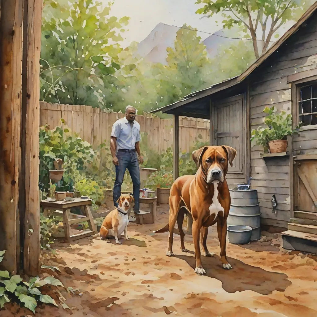 a painting of a man and two dogs in a backyard with a man standing next to a shed and a dog, a watercolor painting, Eric Zener, american scene painting, in gouache detailed paintings