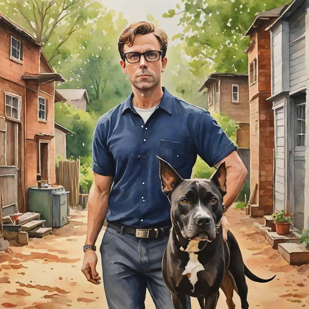 a painting of a man and his dog in a neighborhood with houses and trees in the background, with a dog standing in front of him, a hyperrealistic painting, F. Scott Hess, american realism, tom of finland
