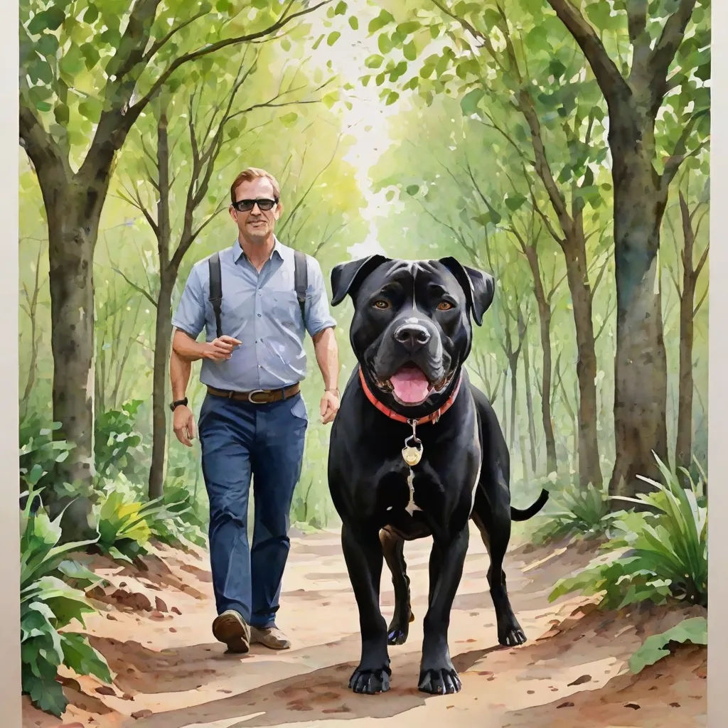 a man walking a dog down a dirt road in a forest with trees and bushes behind him, with a painting of a man walking a dog, a photorealistic painting, Eric Zener, photorealism, in gouache detailed paintings