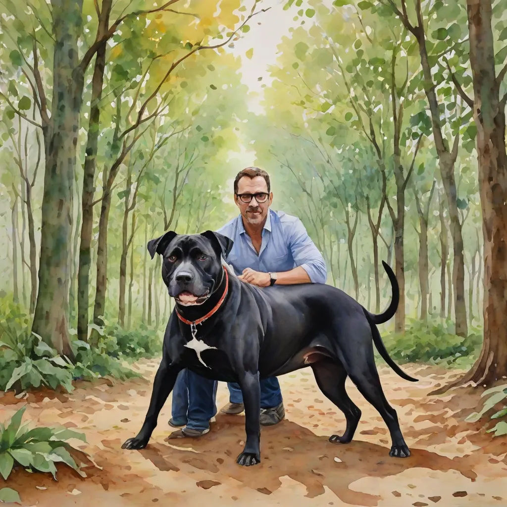 a man kneeling down next to a black dog in a forest with trees and leaves on the ground and a man standing next to him, a hyperrealistic painting, David Palumbo, figurative art, realistic portrait