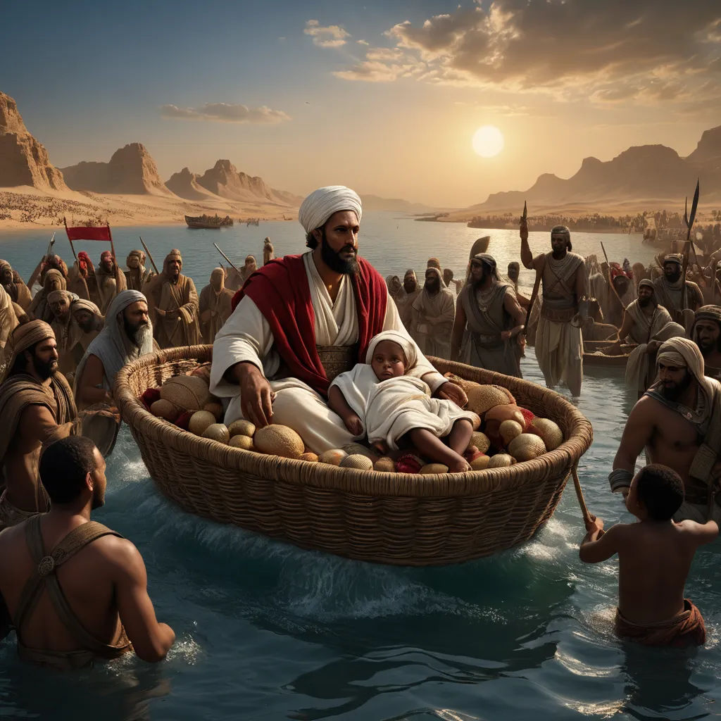 a man in a boat with a baby in it surrounded by other men in the water and a sunset, purism, a detailed matte painting, Drew Struzan, cinematic photography