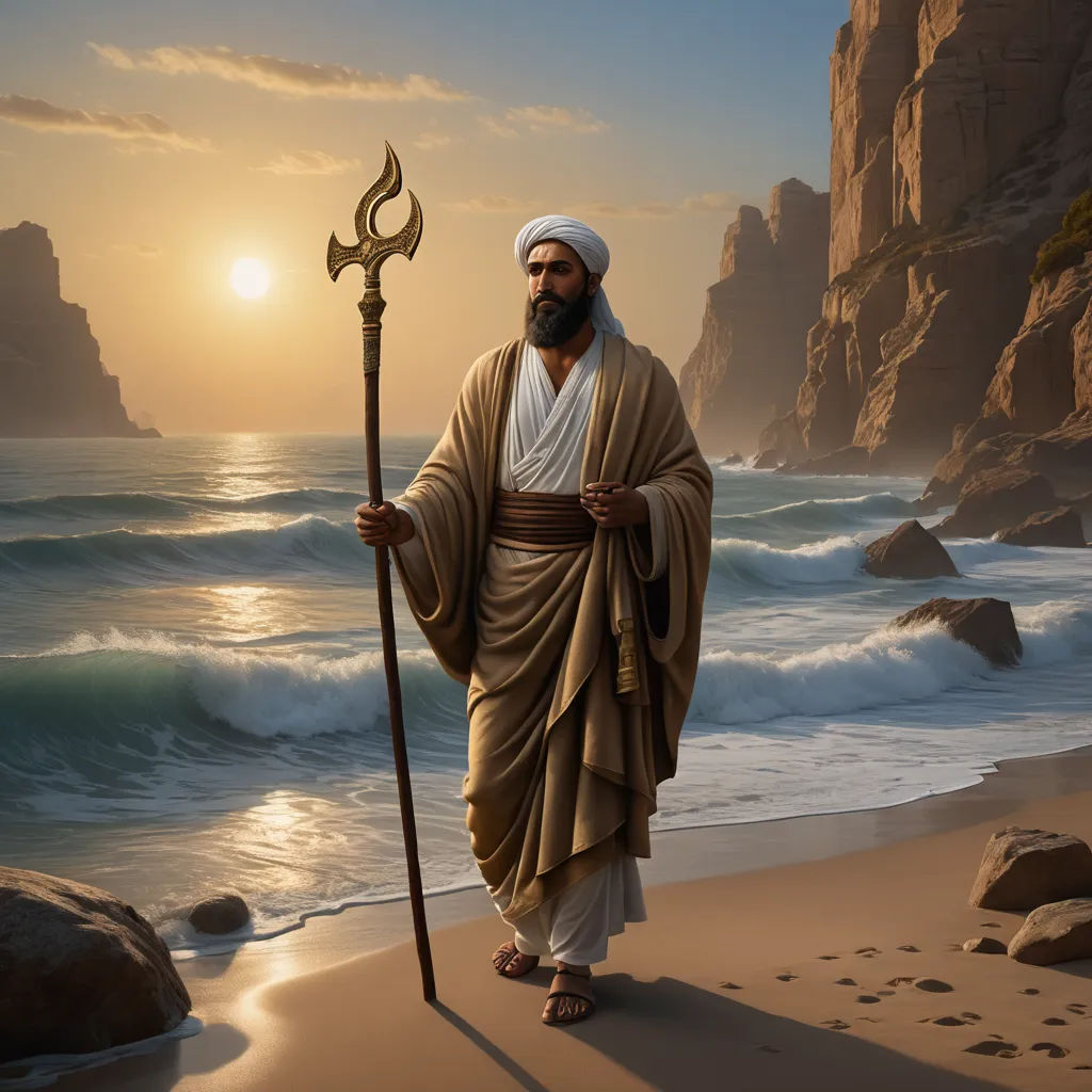 a man with a staff standing on a beach near the ocean at sunset with a rock formation in the background, samikshavad, a digital painting, Christophe Vacher, jayison devadas