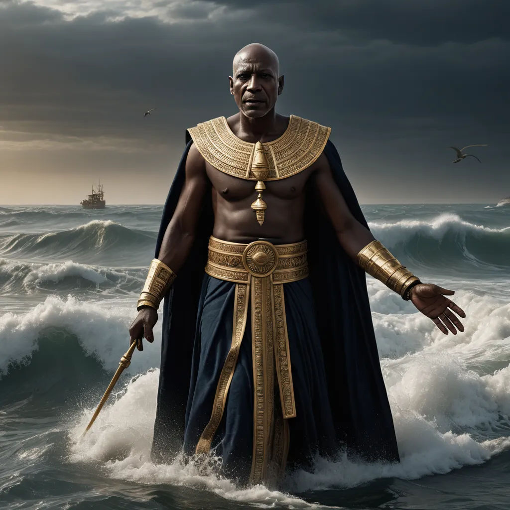 a man in a costume standing in the ocean with a sword in his hand and a boat in the background, afrofuturism, a detailed matte painting, Altichiero, promotional image