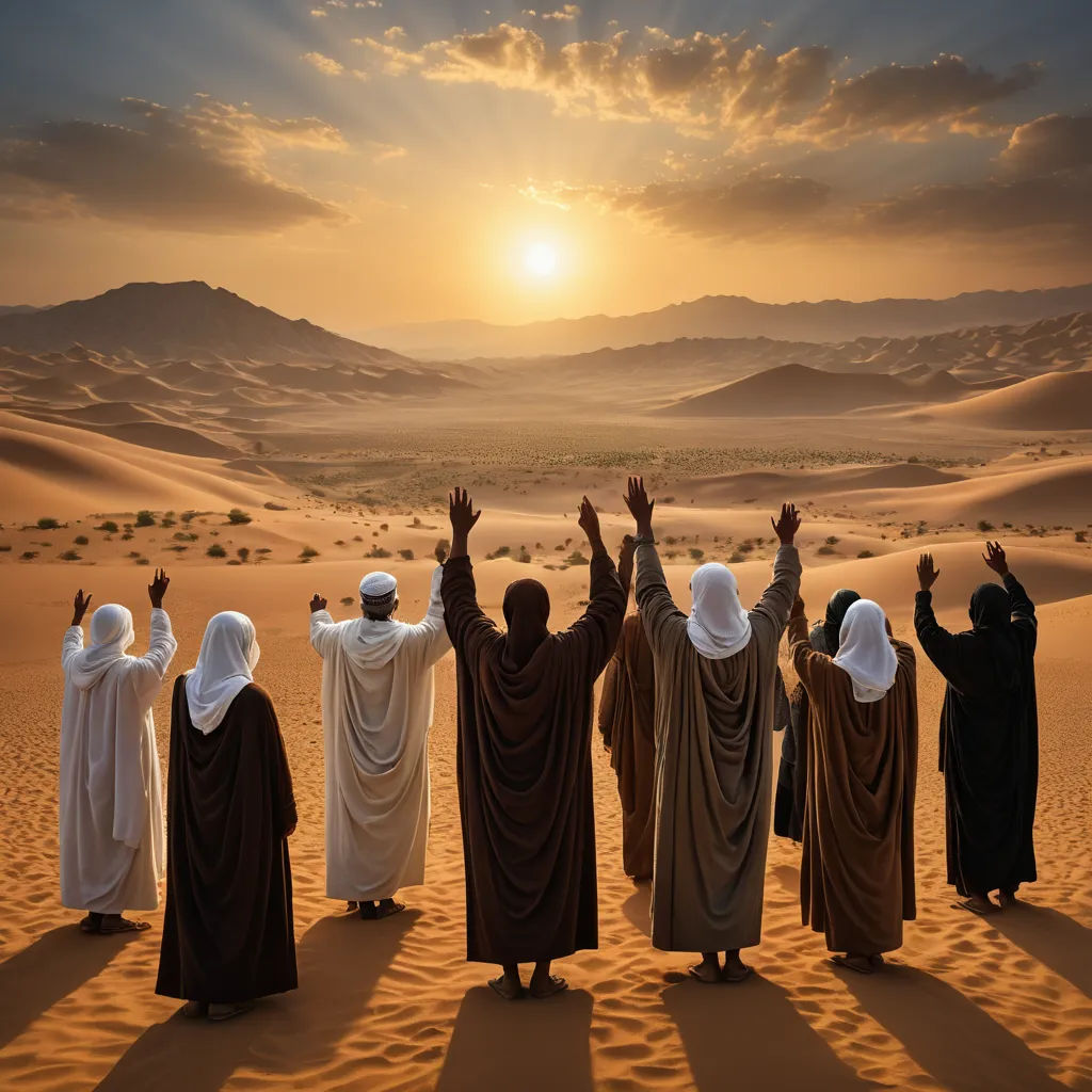 a group of people standing in the desert with their hands up in the air and their arms raised in the air, dau-al-set, egyptian art, Amir Zand, desert