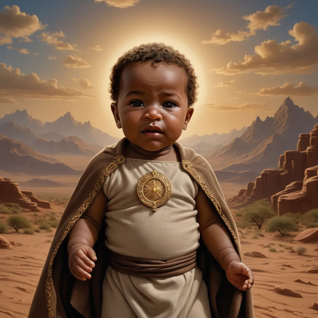 a baby dressed in a costume standing in a desert area with a mountain backdrop in the background and a sun shining through the clouds, afrofuturism, a digital painting, Barclay Shaw, highly detailed digital painting