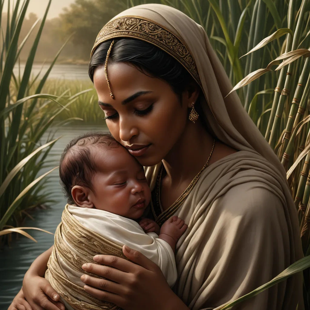 a woman holding a baby in her arms in front of a body of water with grass and trees in the background, classical realism, a photorealistic painting, Donato Giancola, highly detailed digital painting