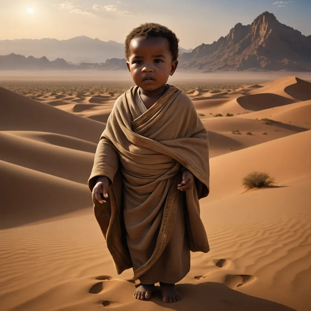 a young child in a desert with sand dunes and mountains in the background, with a desert like landscape in the foreground, afrofuturism, computer graphics, Arie Smit, award - winning photography
