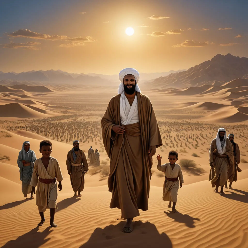 a painting of a man in a desert with other men in the background walking in the desert at sunset, dau-al-set, a detailed matte painting, Amir Zand, promotional image