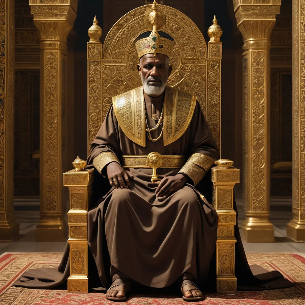 a man sitting on a throne in a room with gold decorations and a crown on top of it,, afrofuturism, a detailed matte painting, Chinwe Chukwuogo-Roy, regal