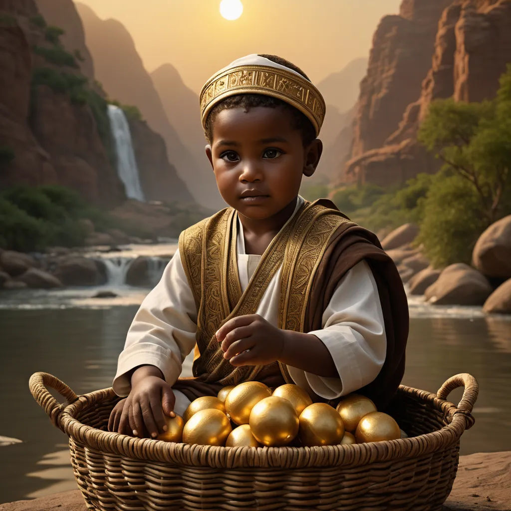 a young boy in a basket of gold eggs in front of a waterfall and a waterfall in the background, visual art, a photorealistic painting, Cliff Childs, award-winning photograph