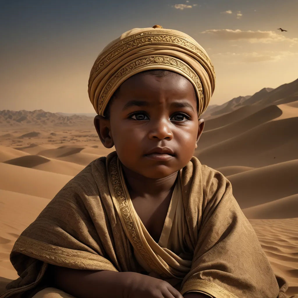 a young boy in a turban sits in the desert with sand dunes in the background and a bird flying overhead, afrofuturism, egyptian art, Anne Geddes, cinematic photography
