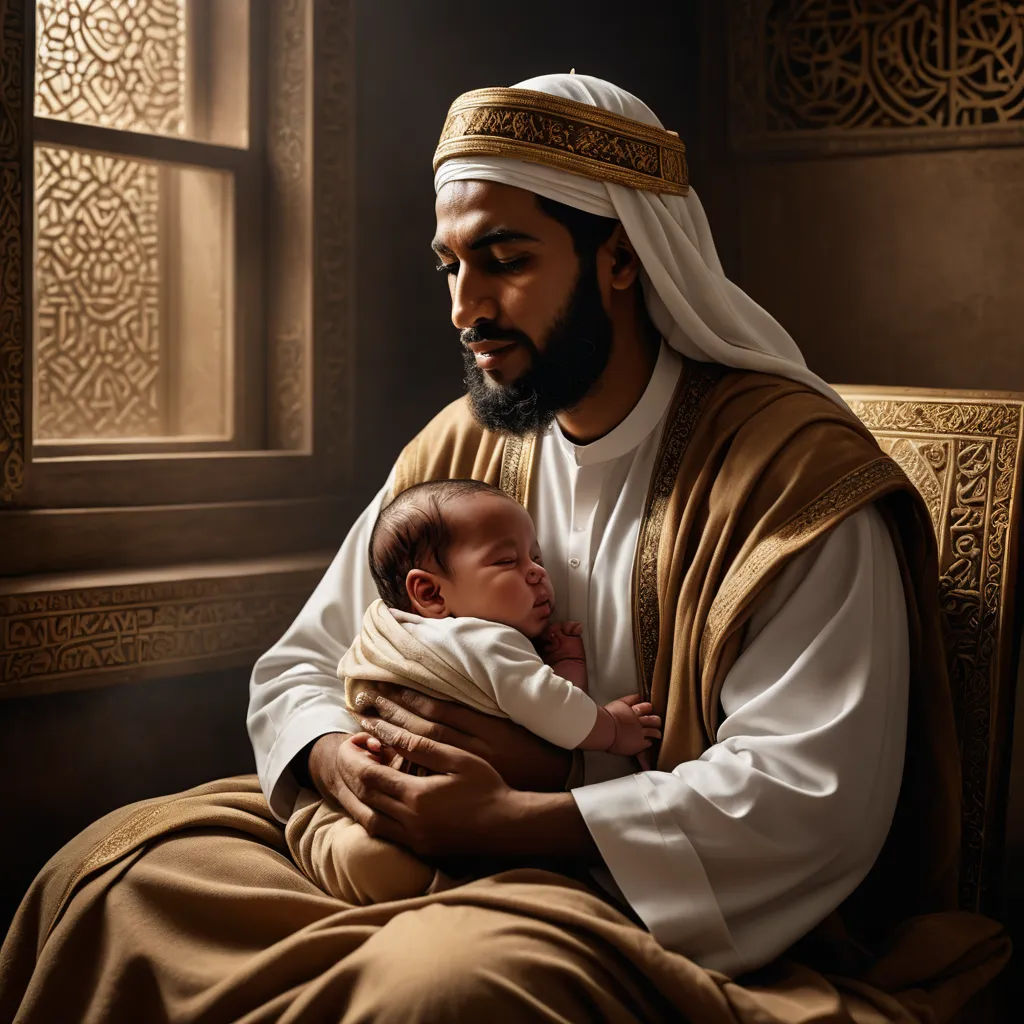 a man holding a baby in his arms while wearing a robe and a headdress on his head, photorealism, a photorealistic painting, Esaias Boursse, highly detailed digital painting