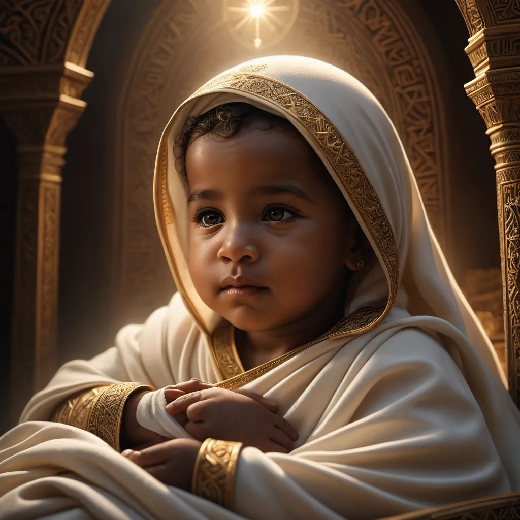 a little girl dressed in a white robe and gold jewelry with a cross on her head and a light shining on her head, fantasy art, a digital painting, Chinwe Chukwuogo-Roy, highly detailed digital painting