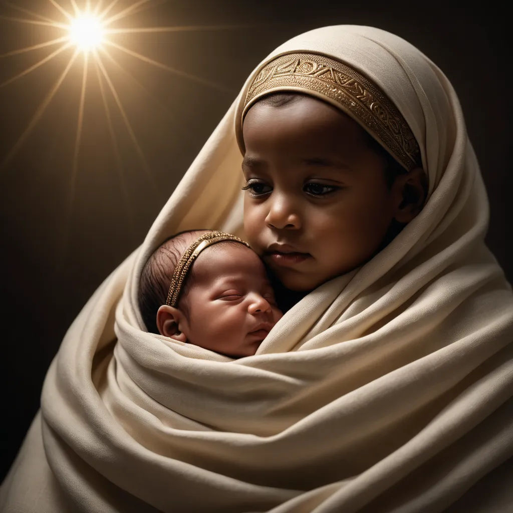 a baby wrapped in a blanket with a sun shining behind it and a baby in the arms of it, art photography, a photorealistic painting, Anne Geddes, award-winning photograph