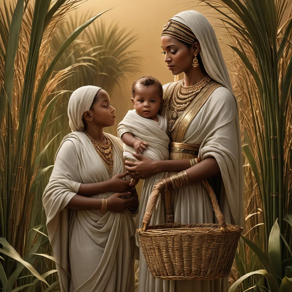a painting of a woman holding a baby in her arms and a basket in her other hand, with a palm tree in the background, art photography, egyptian art, Afewerk Tekle, cinematic photography